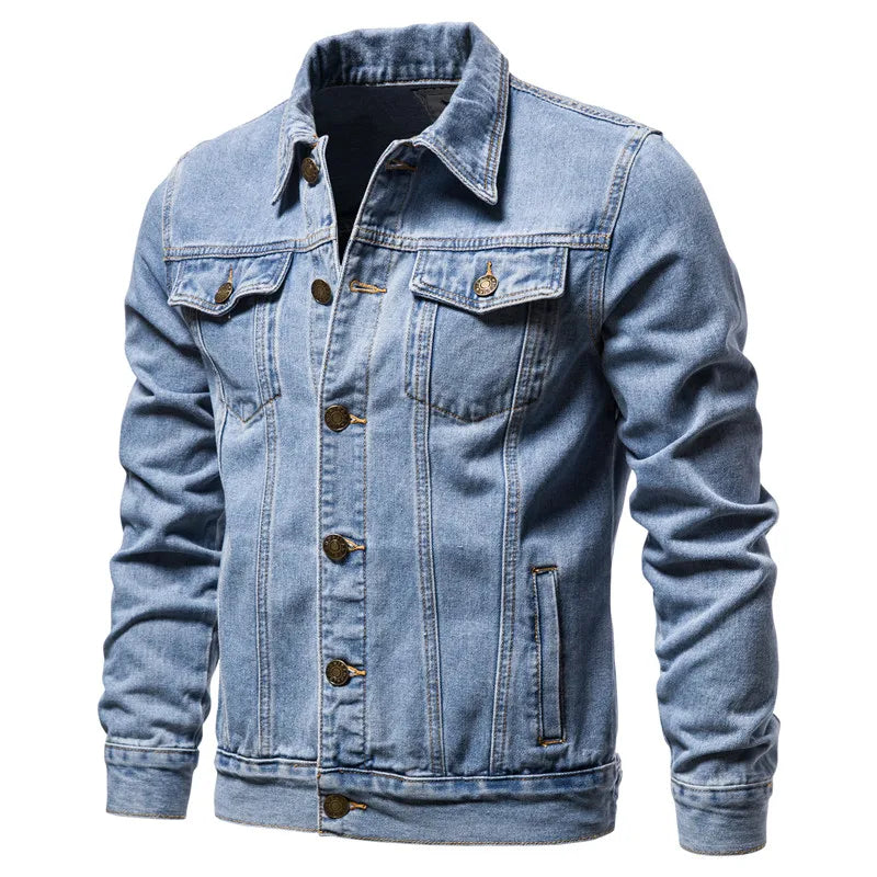 Flat lay of Autumn Breeze Denim Jacket with autumn leaves, emphasizing seasonal style.