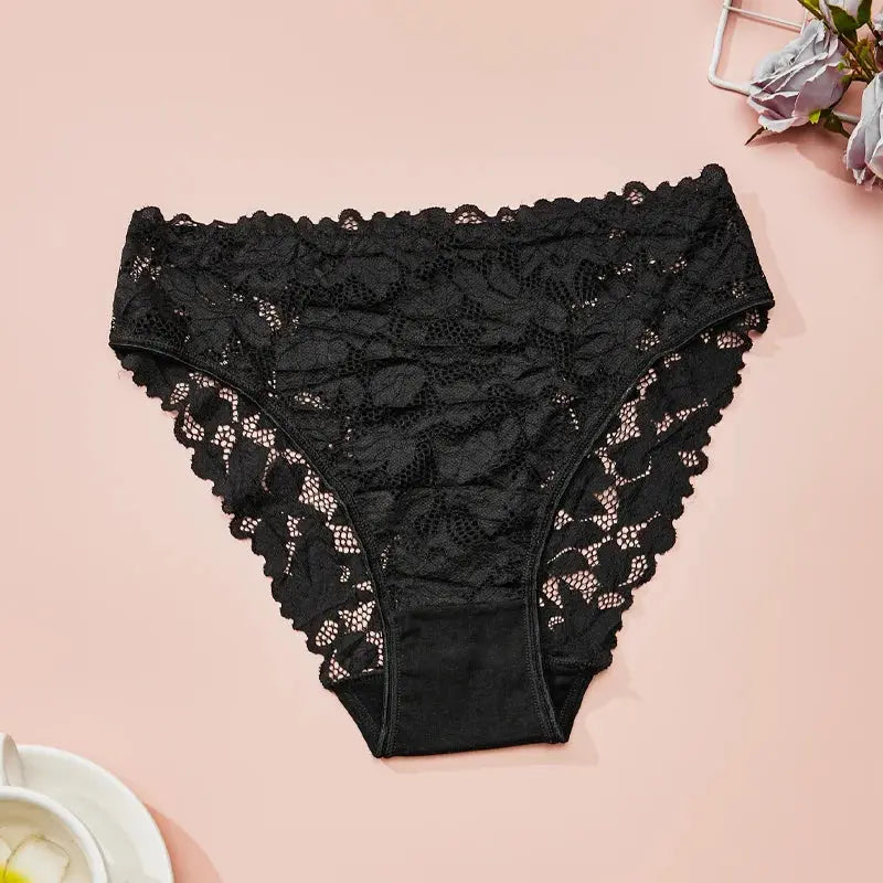 Back view of high-waist lace briefs, highlighting the secure fit and luxurious lace.