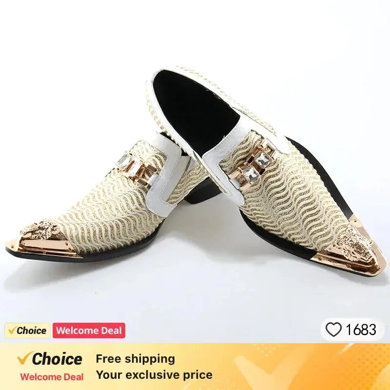 Metallic pointed dress shoes with genuine leather and metal decoration on white background
