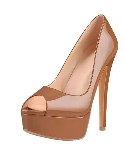 Sophisticated nude platform heels in patent leather with feminine peep toe silhouette