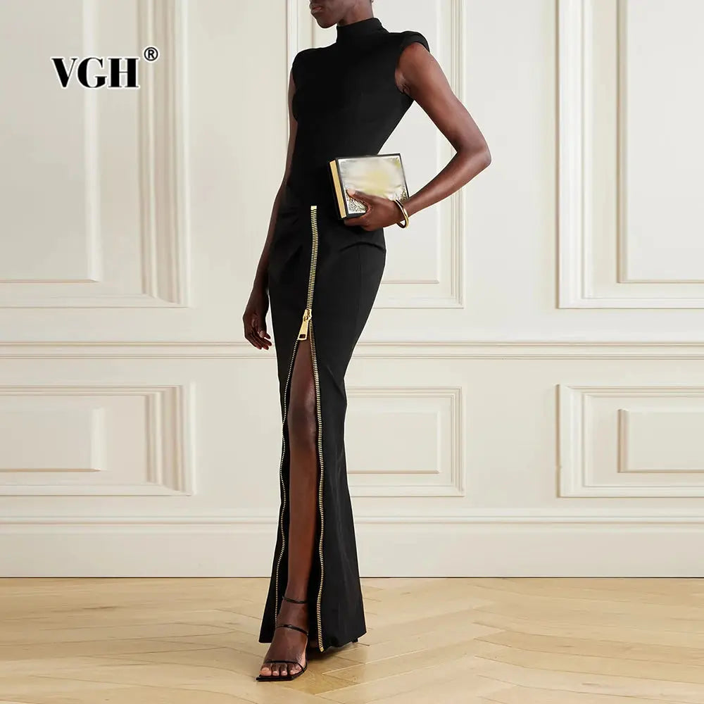 Elegant black silhouette-defining gown with a sleek stand-neck and floor-length hem.
