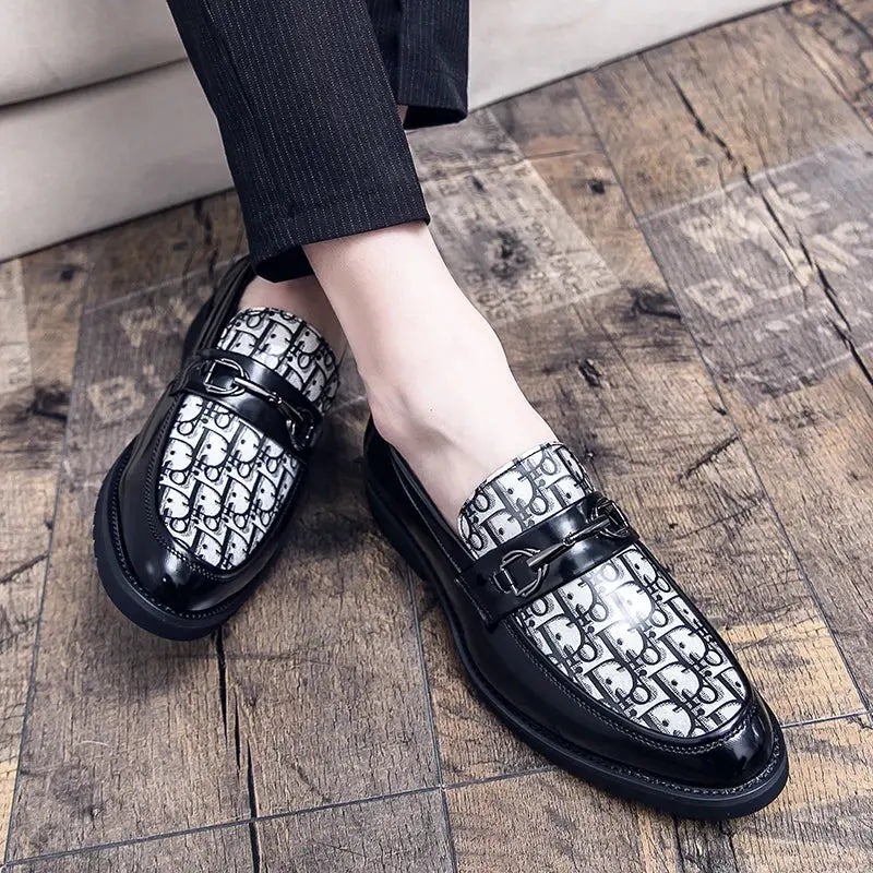 Side view of graphic loafers showcasing their sophisticated silhouette.