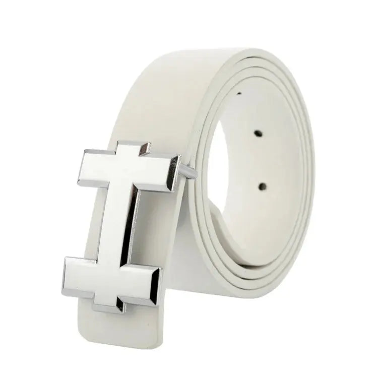 Unisex I-Buckle belt laid flat, showcasing its high-quality PU texture and sleek design.