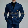 Back view of the tailored denim suit, emphasizing the refined silhouette and impeccable craftsmanship.