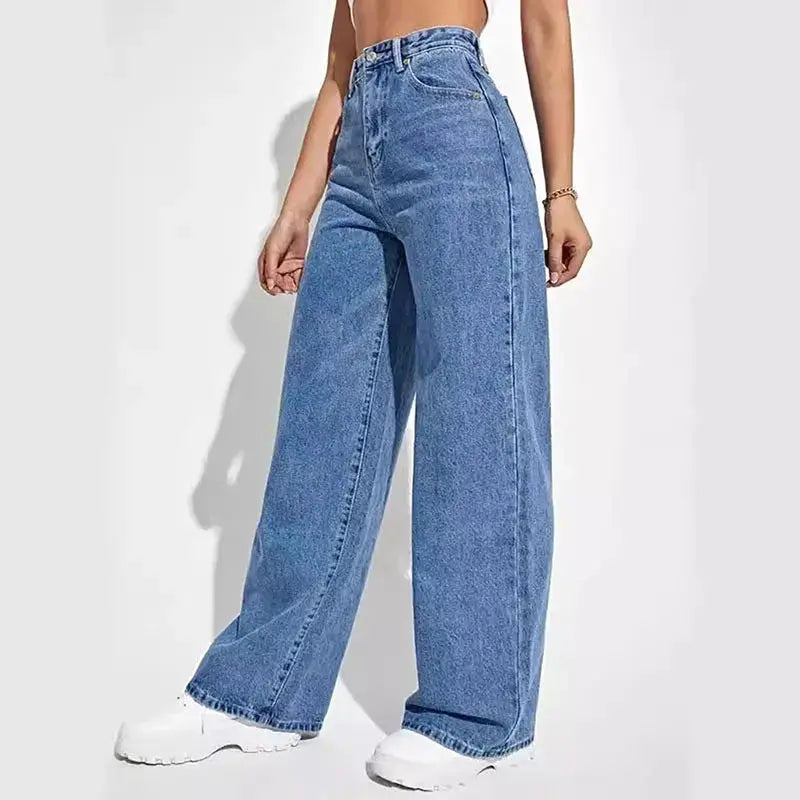 Back view of light wash high-waist jeans featuring strategically placed pockets.