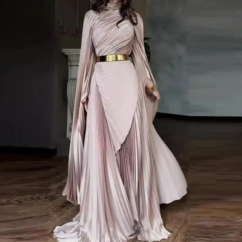 Detail shot of the Twilight Cascade gown's natural waistline and flattering silhouette.