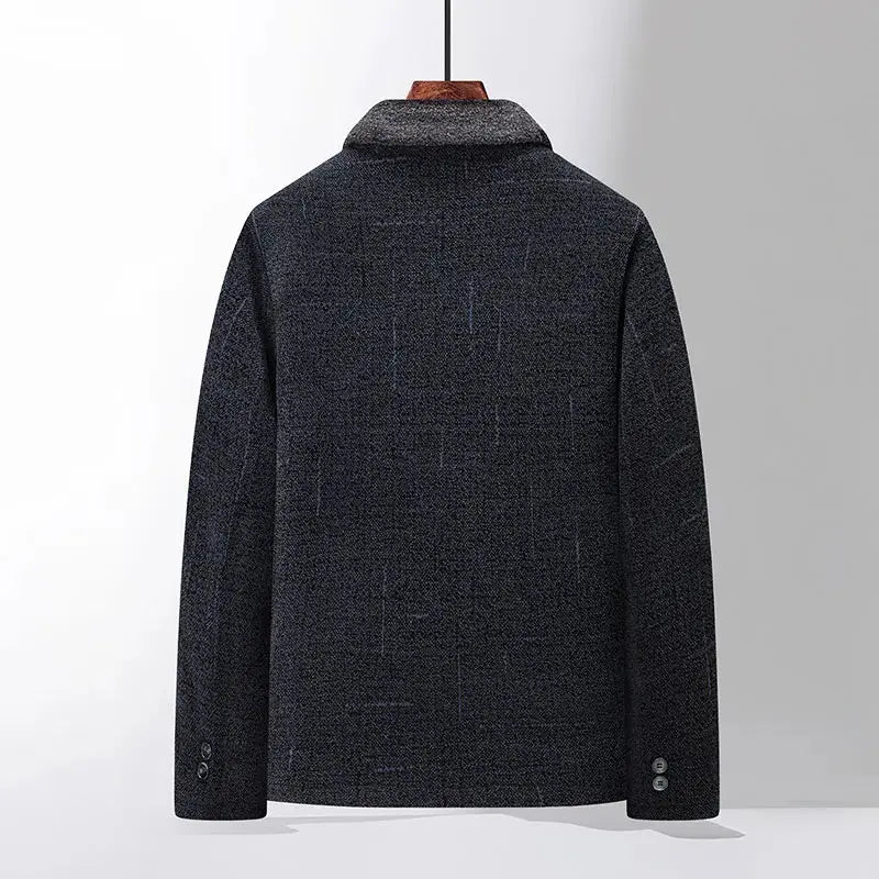 Sleek tailored lines of the men's wool coat showcasing refined style.