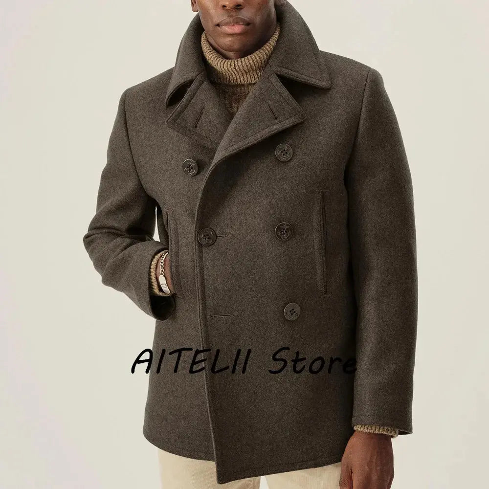 Double-breasted winter coat in navy, crafted from cashmere and cotton blend.