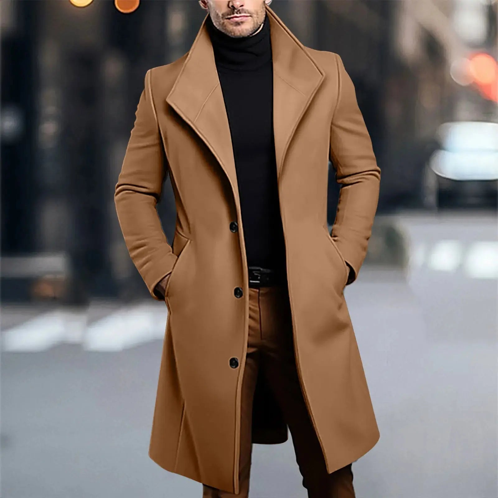 Side view of the winter coat, emphasizing its tailored fit and modern touches.