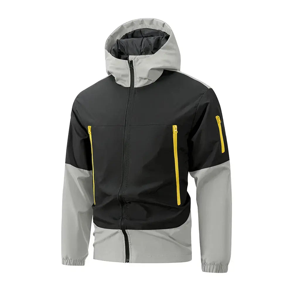 Detail of the Wind Whisperer jacket's zip-up front, designed to shield against harsh winds.