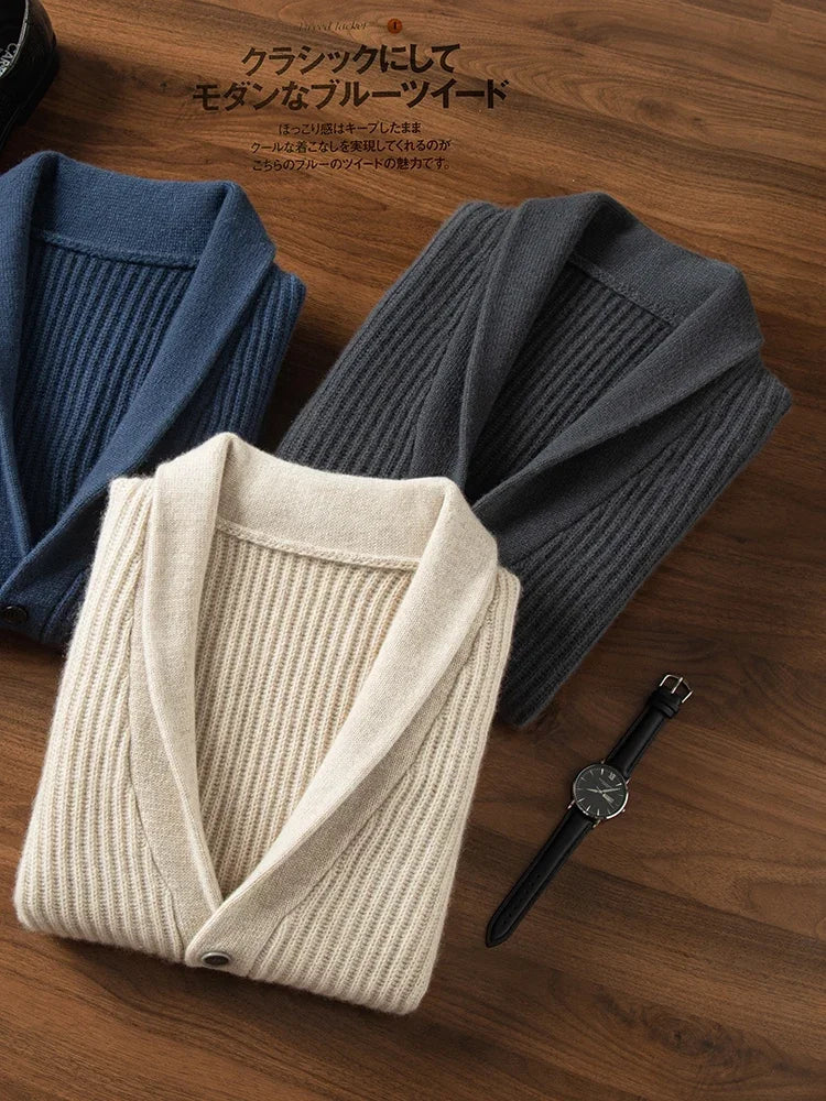 Premium 100% cashmere cardigan in timeless solid pattern with refined turn-down collar detail