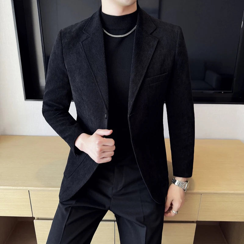 Model wearing the Autumn Whisper corduroy blazer, styled for a casual yet polished autumn look.