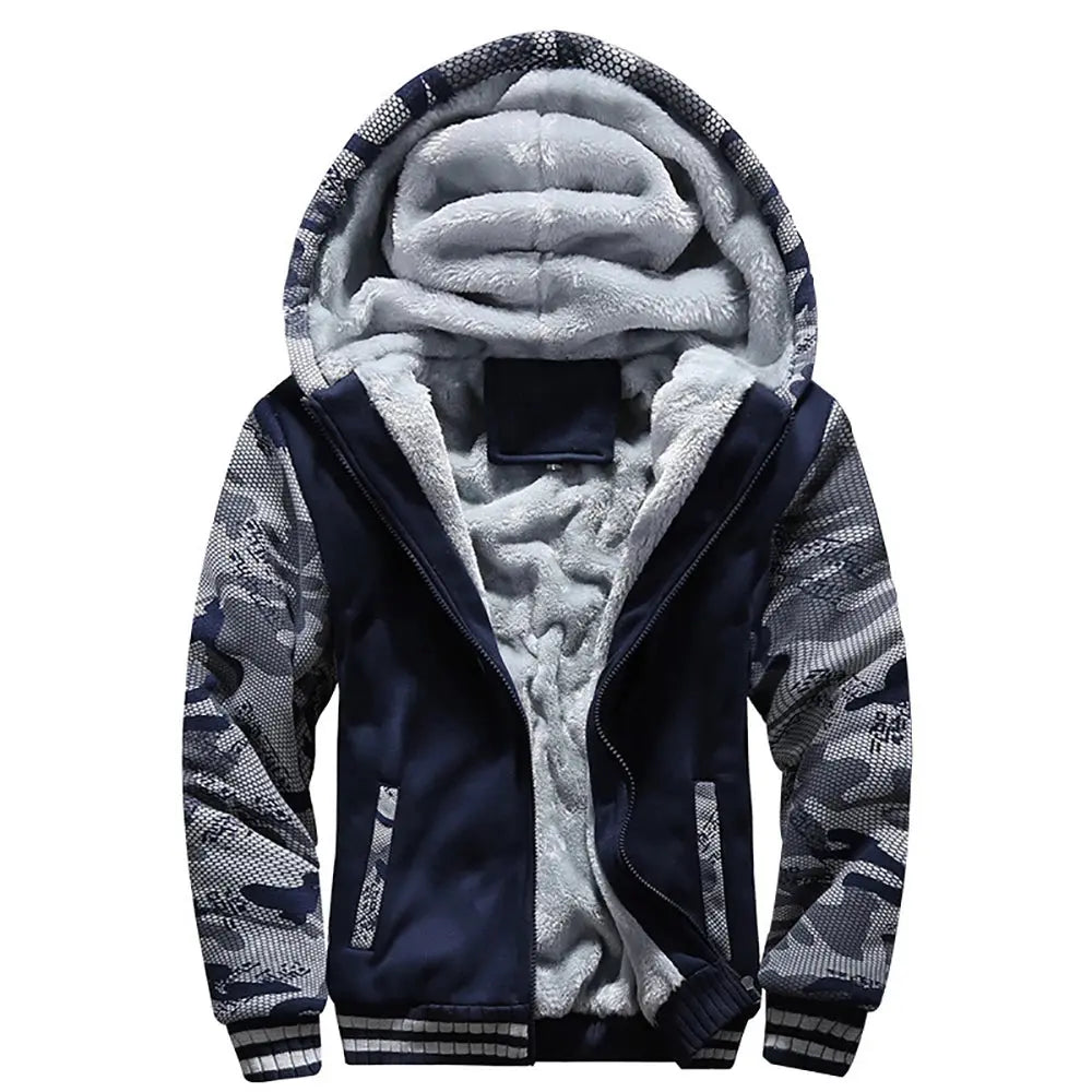 Stylish hooded winter coat featuring a modern camouflage pattern.