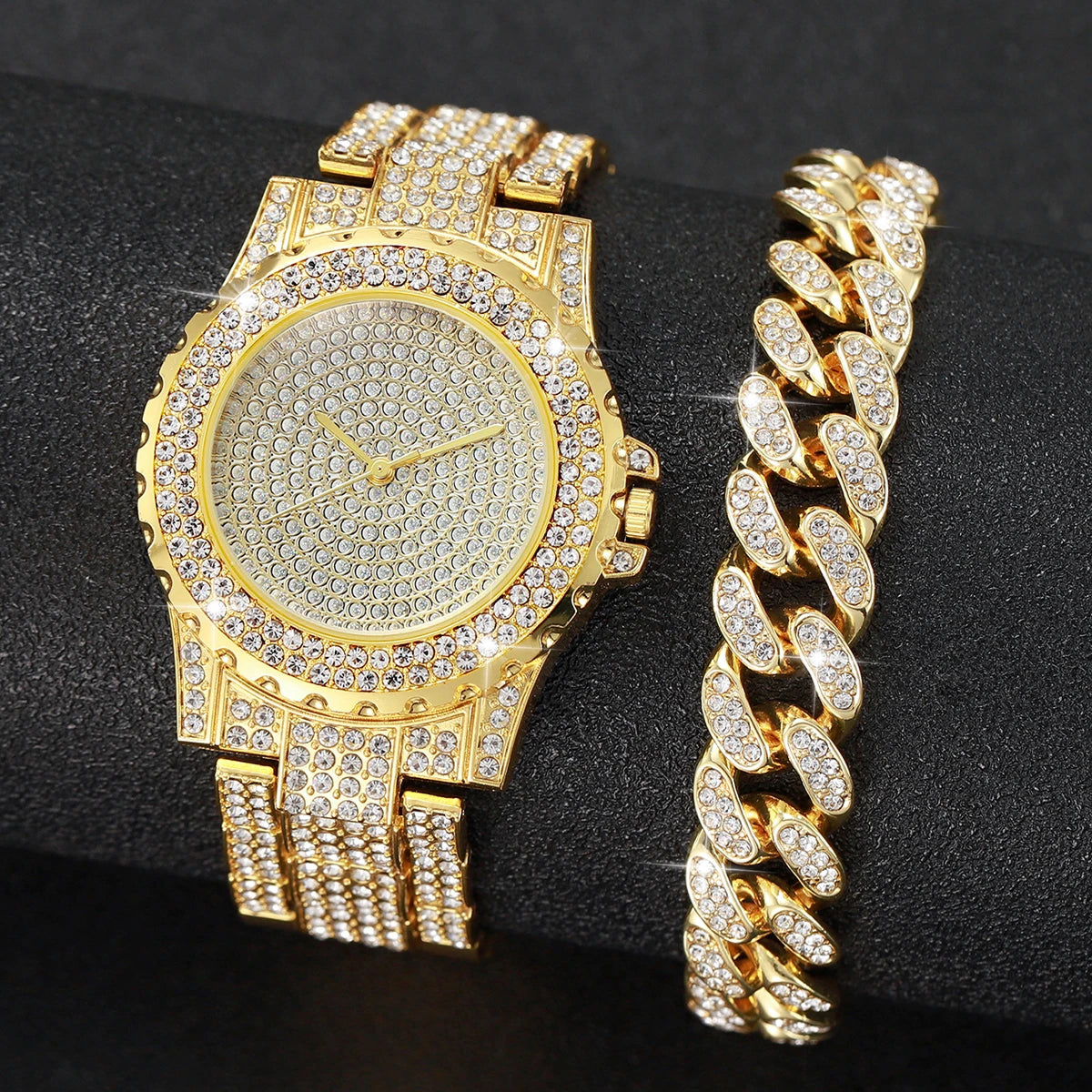 Golden Hour Brilliance watch with polished stainless steel and diamond embellishments.