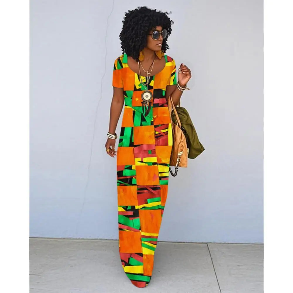 African Ethnic Print Retro Slim Short-Sleeve Long Dress
