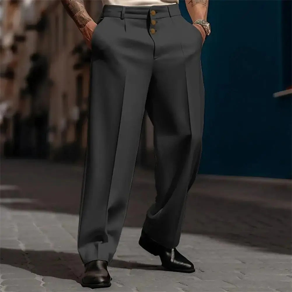 Tailored fit trousers in charcoal gray, perfect for office attire and high-stakes negotiations.