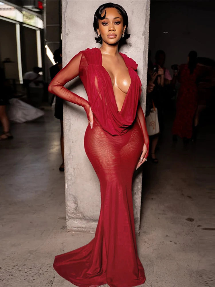 Full-length shot of the dress in a gala setting, perfect for autumn evening events.