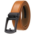 Close-up of premium split leather texture on automatic buckle belt.