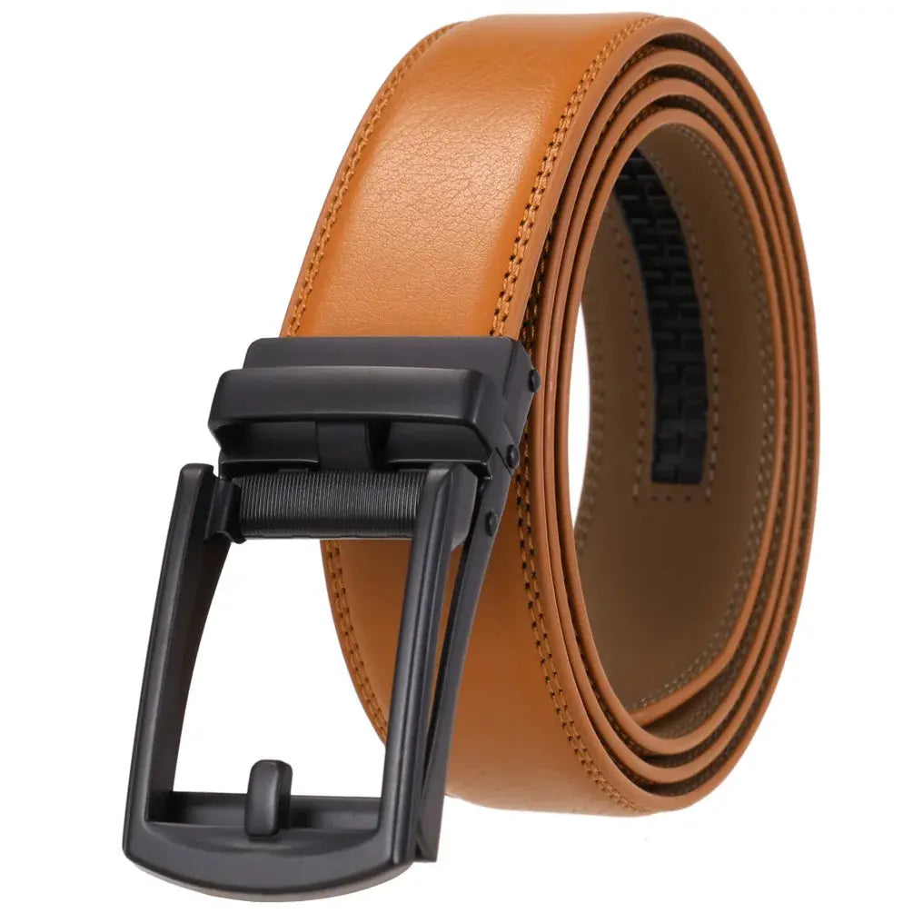 Close-up of premium split leather texture on automatic buckle belt.