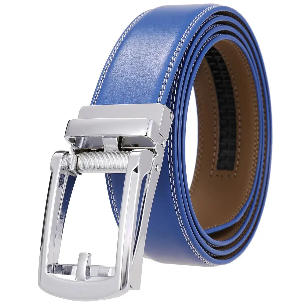 Sleek black leather belt with automatic buckle for a polished look.