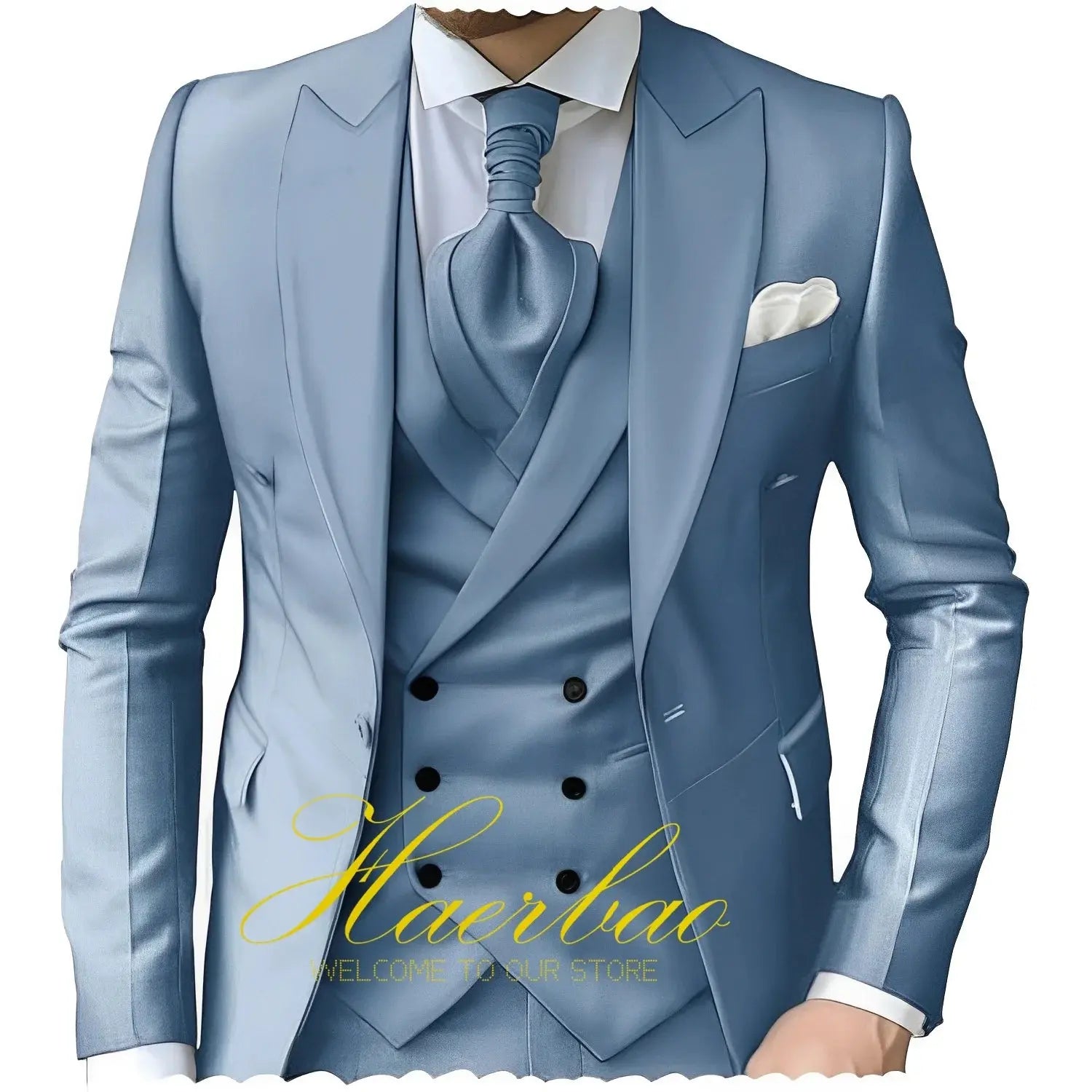 Model adjusting the peak lapel of a navy three-piece suit, exuding confidence.