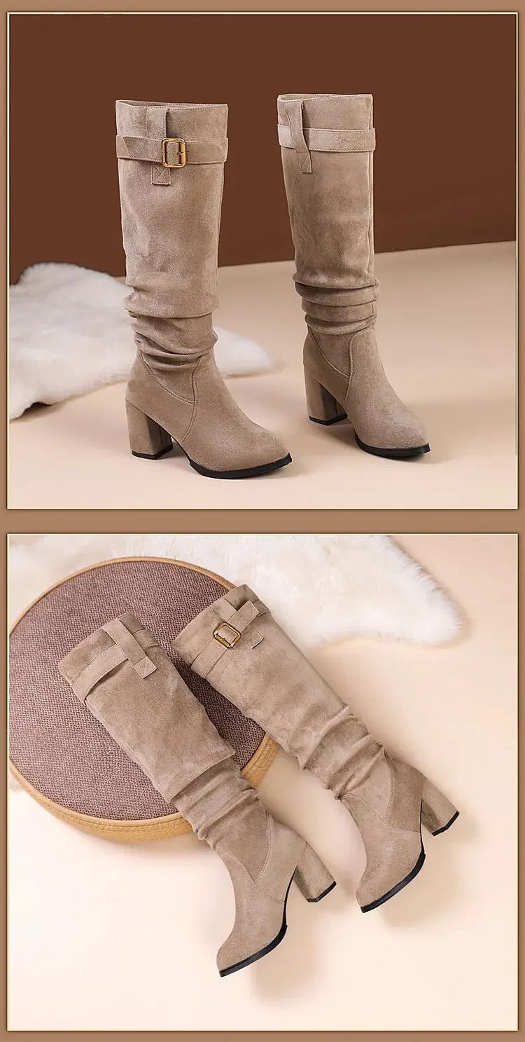 Waterproof suede boots with square heel and true-to-size classic fit