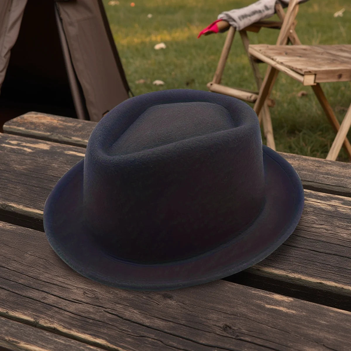 Lightweight polyester fedora, ideal for year-round wear, blending retro fashion with contemporary flair.