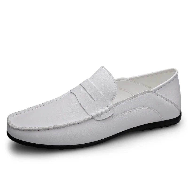 Top view of men's split leather loafers showing breathable lining and quality craftsmanship