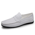 Top view of men's split leather loafers showing breathable lining and quality craftsmanship