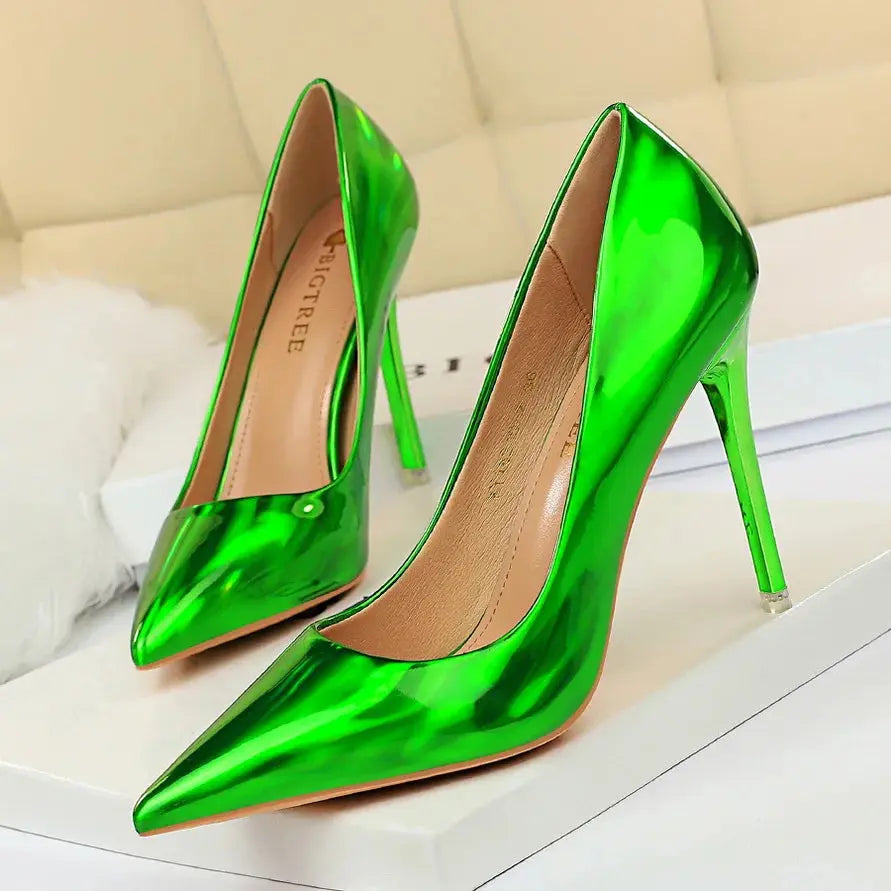 Close-up of the slip-on design of the stiletto pumps for easy wear.