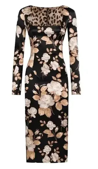 Midnight Floral Silk Dress displayed on a mannequin, emphasizing its stylish and elegant design.