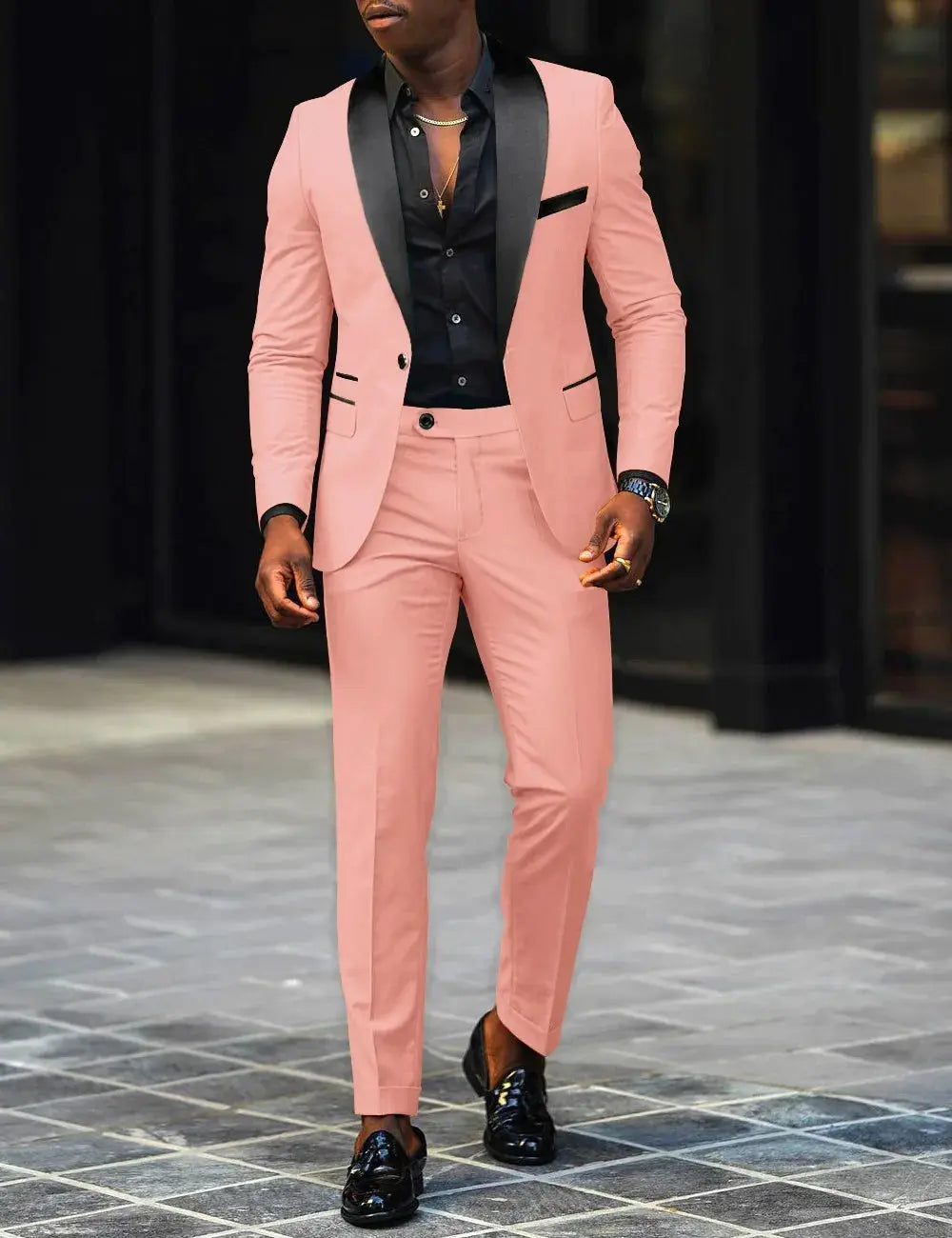 Side profile of a modern men's suit, highlighting its streamlined fit.