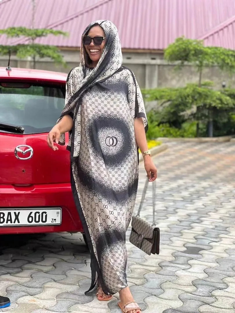African Printed Silk Muslim Kaftan Hijab Long Dress