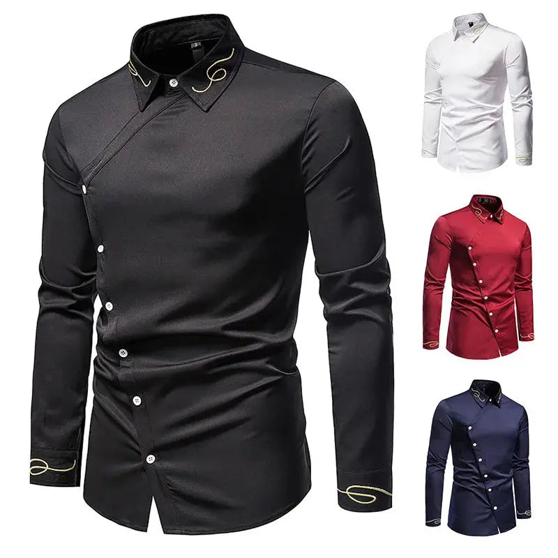 Modern button-up shirt featuring diagonal closure and intricate embroidery for sophisticated style