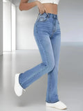 High-waist blue denim jeans with subtle stretch for comfort and style.
