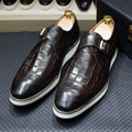 Detail of monk strap buckle closure on crocodile embossed leather dress shoes in classic black finish