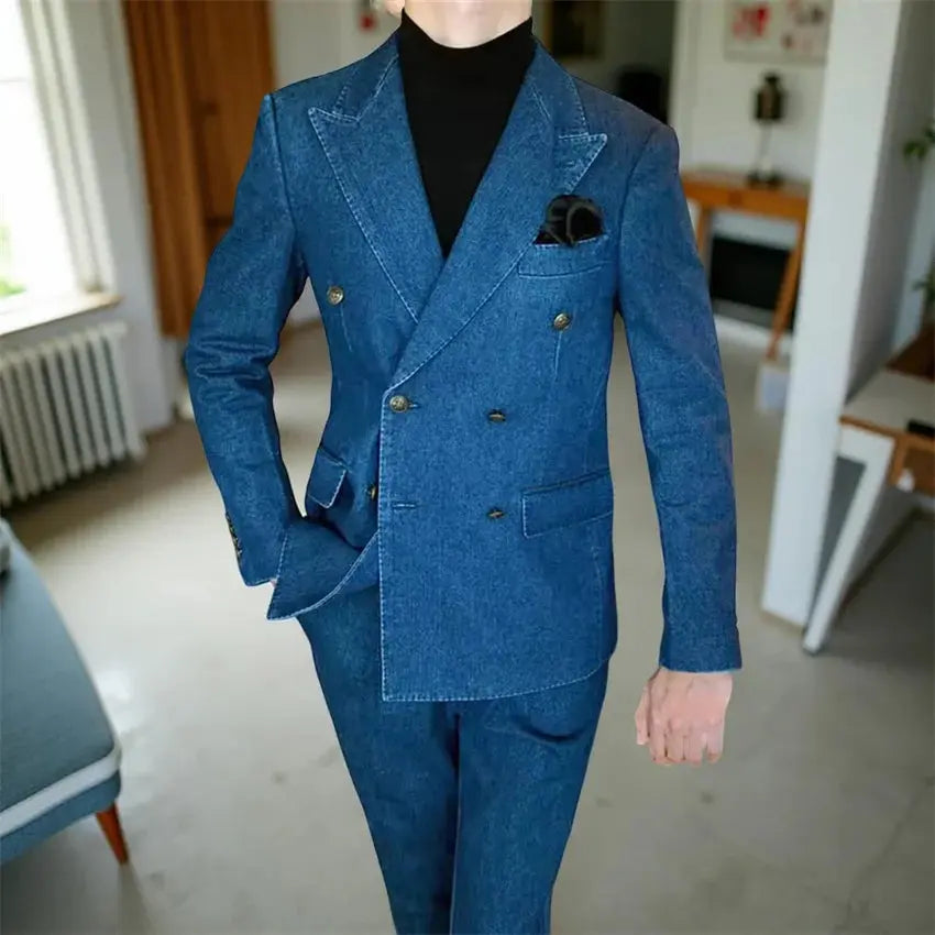 Sleek denim suit with double-breasted blazer and peak lapel, perfect for business casual attire.