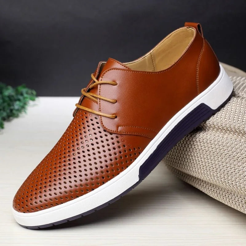 Stylish lace-up dress shoes in classic brown for business casual wear.