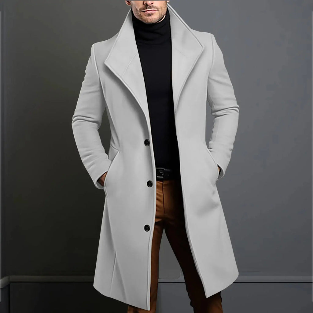 Back view of the stylish woolen coat, highlighting its structured design and sleek silhouette.