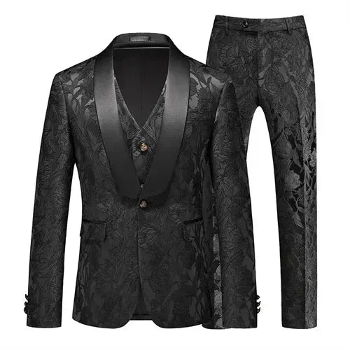 Detail of the suit's fabric texture, emphasizing high-quality textiles.
