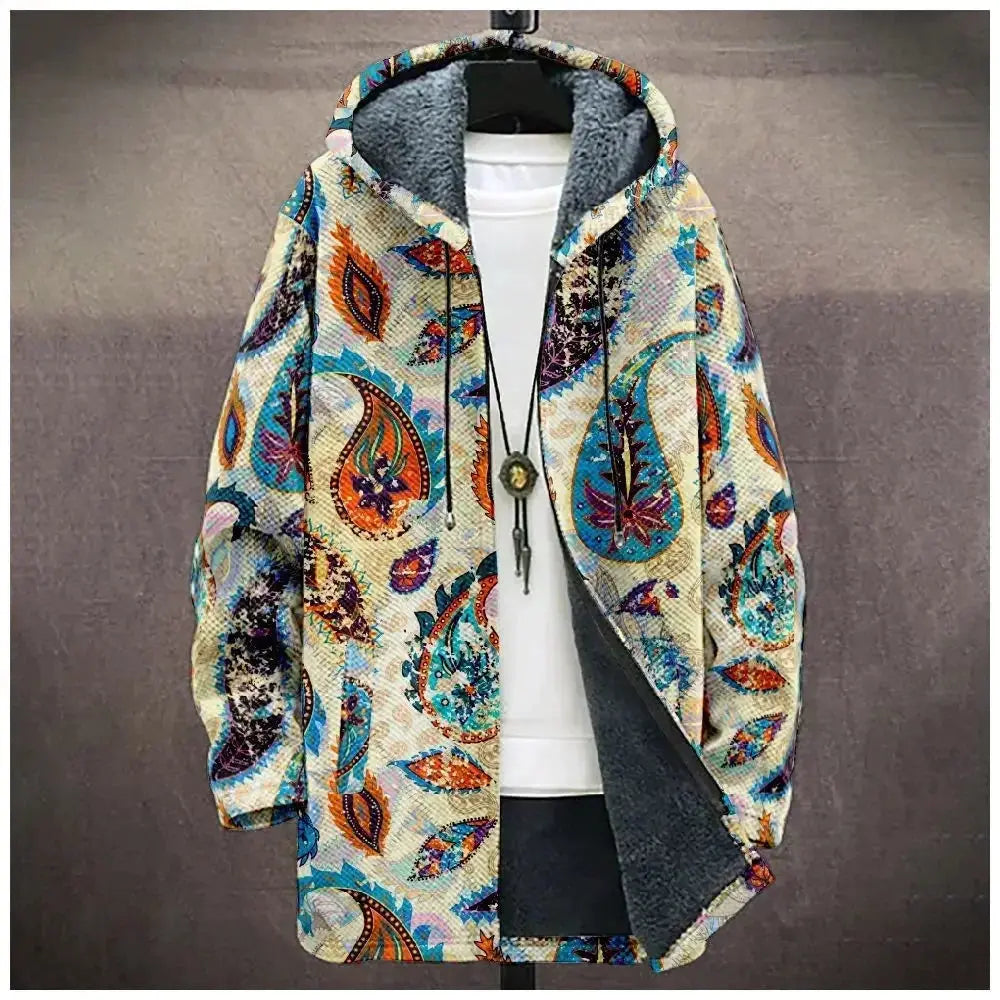 Back view of the plush cardigan highlighting its cozy fit and vibrant tribal design.