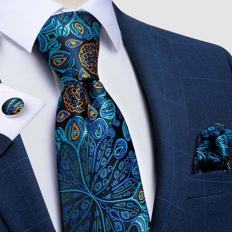 Professional silk tie set displaying intricate paisley weave craftsmanship