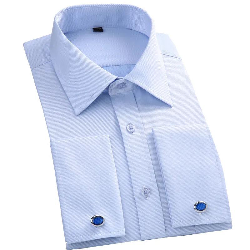 Classic formal shirt featuring double French cuffs and functional chest pocket for business essentials