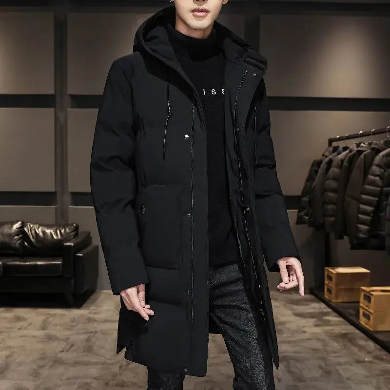 Winter Embrace parka in solid black, featuring a full-length zipper and hood for cold protection.