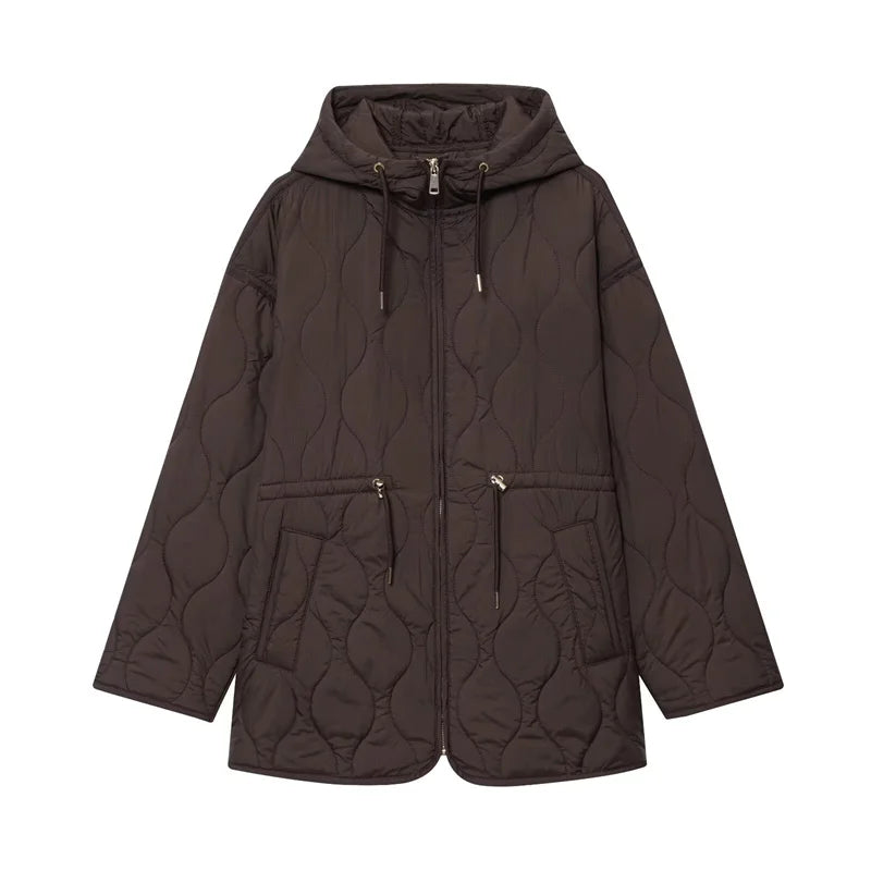 Chestnut brown Autumn Whisper coat made of soft polyester, perfect for autumn strolls.