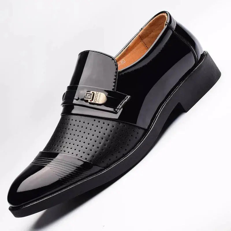 Detail of the refined finish on elegant men's Oxfords with no-lace design.