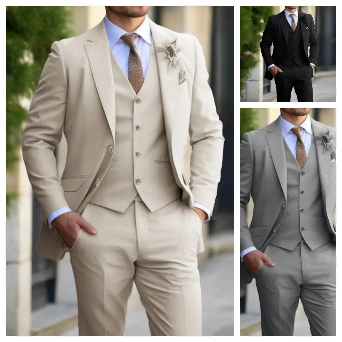 Close-up of luxurious wool and viscose fabric in the black and grey tailored suit set.