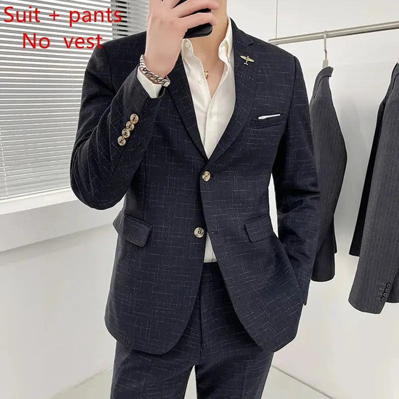Detail of the suit's fabric texture, emphasizing the premium polyester and easy care features.