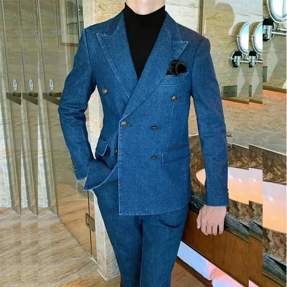 Model wearing a stylish denim suit, highlighting the tailored fit and modern design for evening events.