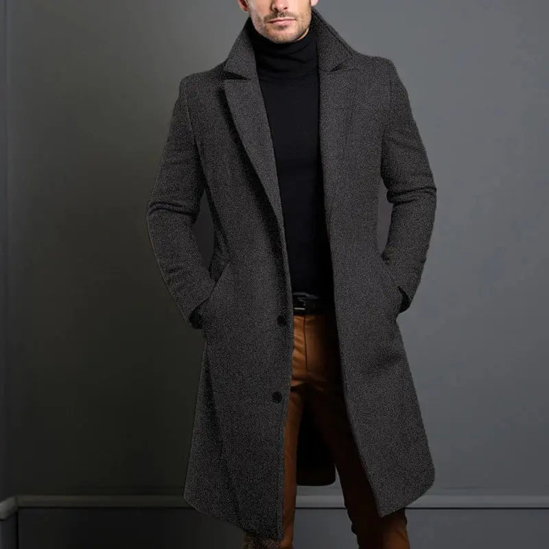 Model wearing the luxury trench coat, demonstrating its seamless integration with professional outfits.